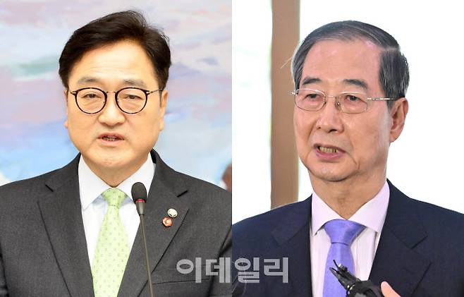 왼쪽부터 우원식 국회의장, 한덕수 대통령 권한대행 겸 국무총리 (사진 = 이데일리)