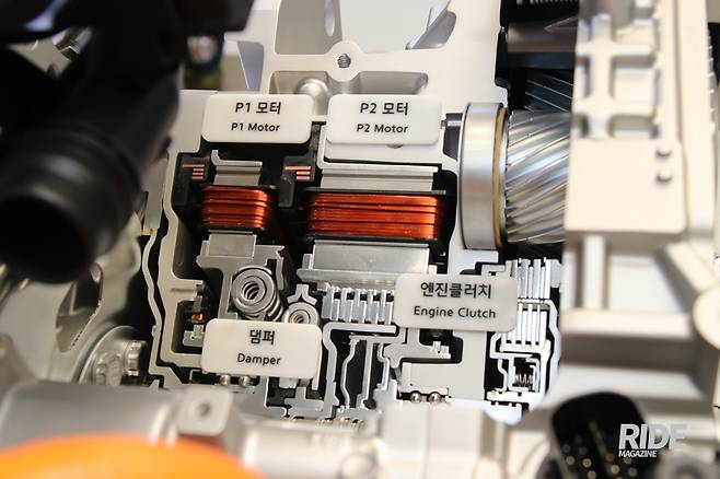엔진과 변속기 사이에 시동과 발전, 구동력 보조를 담당하는 모터(P1)를 직접 연결했다