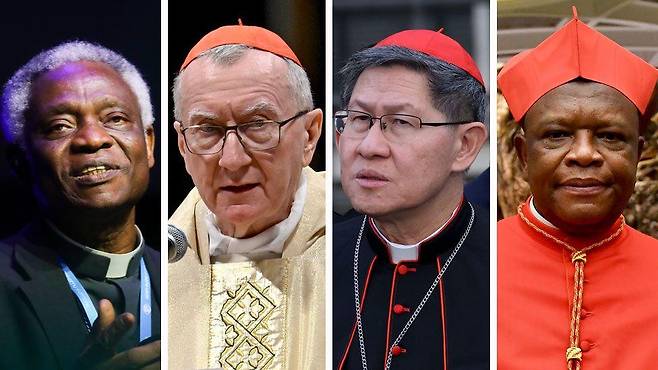 차기 교황 후보로 거론되는 인물들: (왼쪽부터) 피터 코드워 아피아 턱슨, 피에트로 파롤린, 루이스 안토니오 고킴 타그레, 프리돌린 암봉고 베숭구 추기경