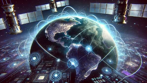 인공위성을 통해 전 세계가 양자 정보 통신으로 연결된 가상의 모습./챗GPT4o