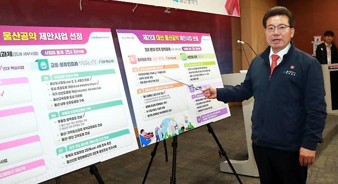 임현철 울산시 대변인이 22일 시청 프레스센터에서 제21대 대통령 선거를 앞두고 울산의 미래전략을 담은 제21대 대선 공약 제안사업을 발표하고 있다. 울산시 제공