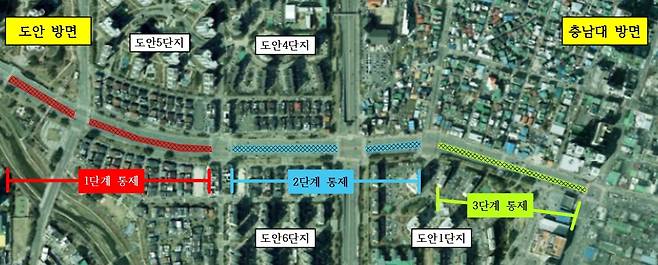 대전시 도안대로 트램공사 단계별통제구간(상대지하차도~유성네거리).