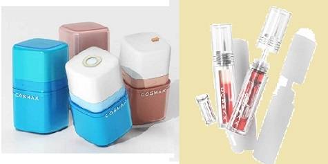코스맥스네오가 개발한 화장품 용기 ‘모션다이얼 립’(왼쪽)과 ‘셰이크 립’. [회사 제공]