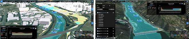댐-하천 디지털트윈 물관리 플랫폼 내 ‘DT 홍수예측 단계’(왼쪽), ‘댐방류영향 검토 단계’(오른쪽)[한강홍수통제소 제공]