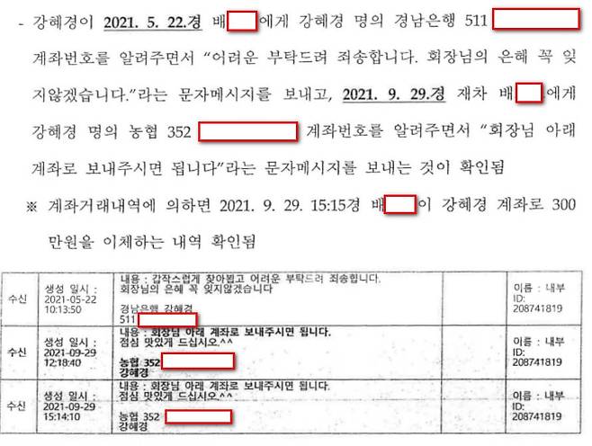 ▲검찰 수사보고서(피의자 배OO.직원 백OO의 PC카카오톡 분석. 2024.11.19.)에 담긴 강혜경-배모씨 카카오톡 대화