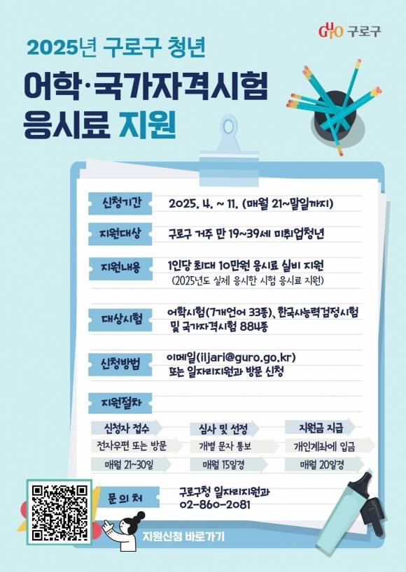 2025년 구로구 청년 어학․국가자격시험 응시료 지원 홍보 안내문. 구로구 제공