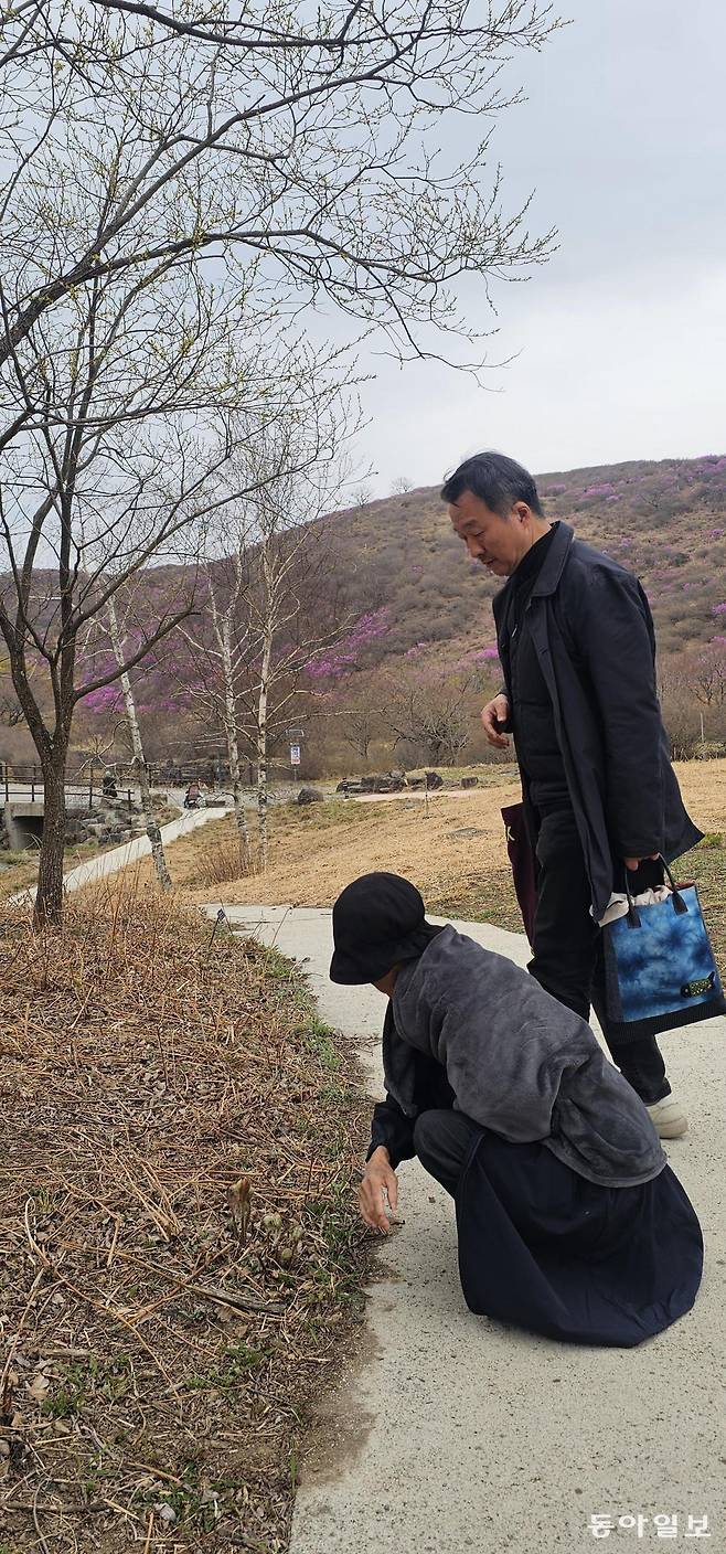봄의 생명체들을 살펴보는 정영선 조경가와 정욱주 교수. 합천=김선미 기자 kimsunmi@donga.com