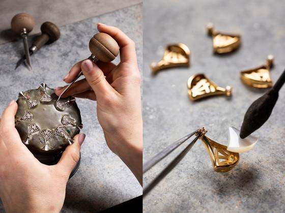 불가리 디바스 드림을 만드는 장인의 손길. 금속 프레임을 만들기 위한 몰딩 제작 작업(왼쪽)과 마더 오브 펄을 세팅하는 모습. 사진 불가리