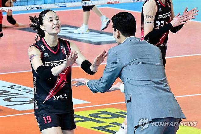 정관장에서 뛴 뒤 FA 계약 패 은퇴한 표승주(왼쪽) [한국배구연맹 제공. 재판매 및 DB 금지]