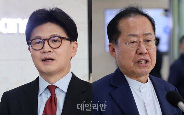 25일 오후 서울 종로 동아미디어센터 1층 로비에서 국민의힘 대선 2차 경선 진출자인 한동훈(왼쪽)·홍준표 후보가 사전 인터뷰를 하고 있다. ⓒ국회사진취재단