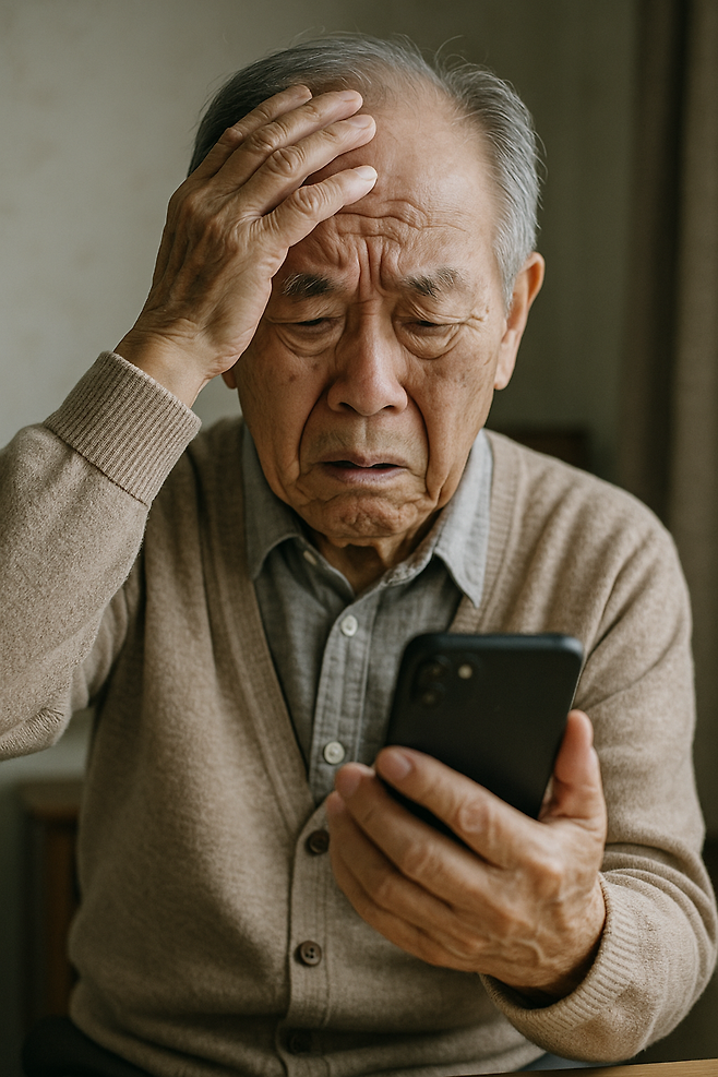디지털소외계층인 노인이 SKT 해킹 소식이 알려진 뒤 유심보호서비스 가입에 어려움을 겪는 모습을 챗GPT로 생성한 이미지. /사진=챗GPT