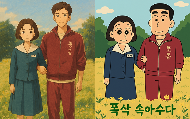 지브리(왼쪽)와 짱구풍으로 제작한 넷플릭스 오리지널 드라마 폭싹 속았수다 포스터. [사진 = 챗GPT]