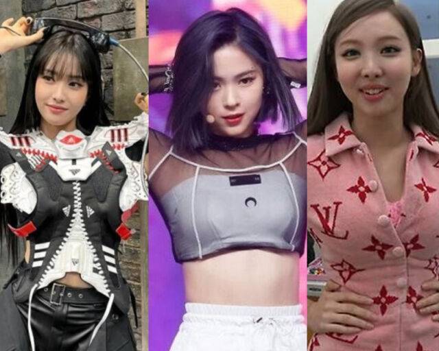 '스테이씨' 윤, '잇지' 류진, '트와이스' 나연이 리폼한 의상을 입고 무대를 꾸몄다. / 온라인 커뮤니티 캡처