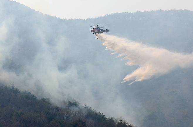 경남 산청군 지역 산불 발생 나흘째인 지난달 24일 오전 산림청 헬기가 산청군 단성면 일대 산불을 진화하고 있다. [연합]