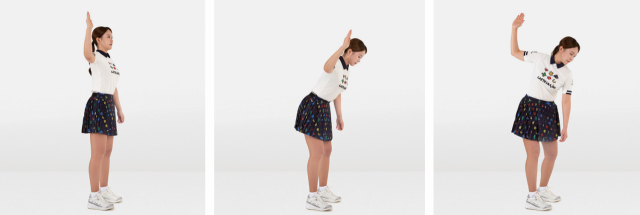 선서 자세를 취하고, 골반을 기울여 상체를 숙인 뒤, 몸통을 오른쪽으로 90도 회전한다.