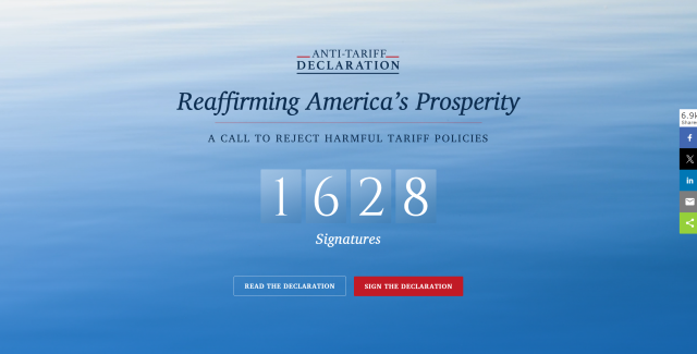 트럼프 대통령의 관세 정책에 반대하는 공개서한에 서명하는 미국 사이트 갈무리. 25일 현재 1628명의 미국 경제학자와 학계 인사들이 서명을 완료했다.