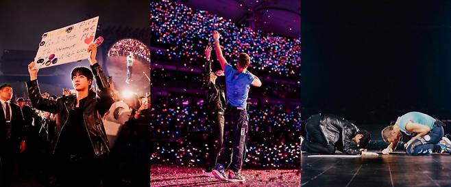 "마이 브라더♥" 방탄소년단 진, 콜드플레이 韓 마지막 공연 환상 입맞춤·열광 무대