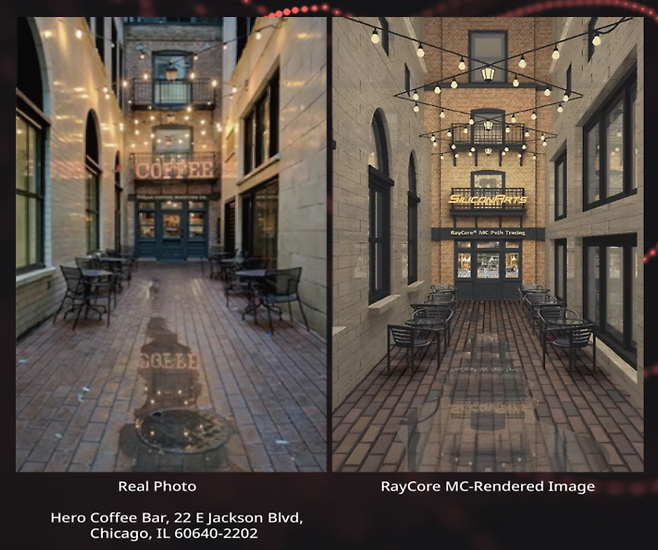 실제 사진(왼쪽)과 컴퓨터 그래픽으로 구현한 이미지. 레이트레이싱은 빛 효과를 사실적으로 표현하는 기술이다. (출처:실리콘아츠)