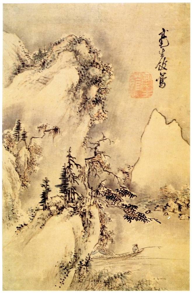 한강조어도. 삿갓과 도롱이를 쓴 노인이 배를 타고 외로이 홀로 낚시를 하고 있다. 하지만 차디찬 강에는 눈만 내린다. 최북의 마음에도 겨울 강바람이 불곤 했다. /국립중앙박물관