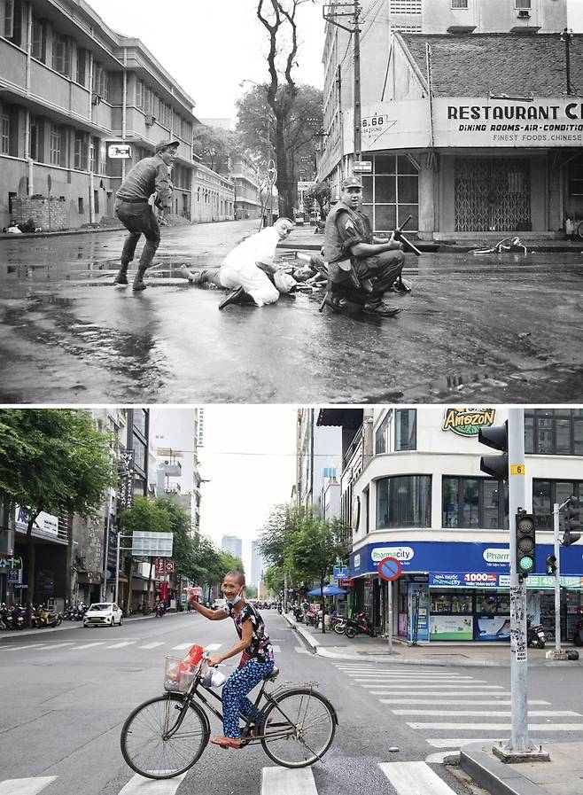 베트남전 당시 사이공과 지금의 호찌민 베트남전이 한창이던 1966년 5월 10일 남베트남 수도 사이공(현 호찌민) 시내에서 베트콩의 폭발물 공격을 받은 미군의 모습(위쪽)과 지난 18일 같은 장소를 찍은 사진(아랫쪽). 2025.04.27
[AP 연합뉴스 자료사진. 재판매 및 DB 금지]