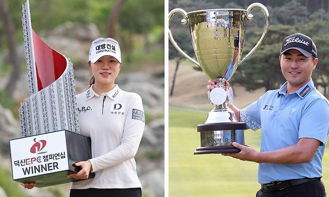 27일 열린 한국여자프로골프(KLPGA)투어 덕신EPC 챔피언십에서 데뷔 첫 승을 수확한 김민선이 트로피를 들고 미소짓고 있다(왼쪽 사진). 오른쪽 사진은 같은 날 경기 파주시에서 열린 한국프로골프(KPGA)투어 우리금융 챔피언십 우승자 캐나다 교포 이태훈이 트로피를 든 모습. 이태훈은 투어 4승째를 거뒀다. KLPGA·KPGA 제공
