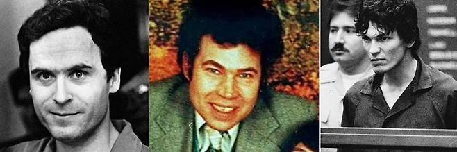 사이코패스로 밝혀진 연쇄살인범들. 테드 번디, 프레드 웨스트, 리차드 라미레즈(왼쪽부터)