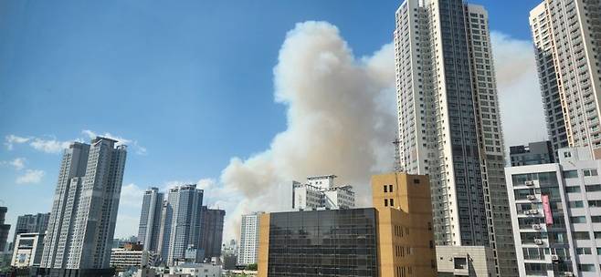 대구시 중구 동인동 대구시청 동인청사에서 보이는 함지산 산불 연기. 김장욱 기자