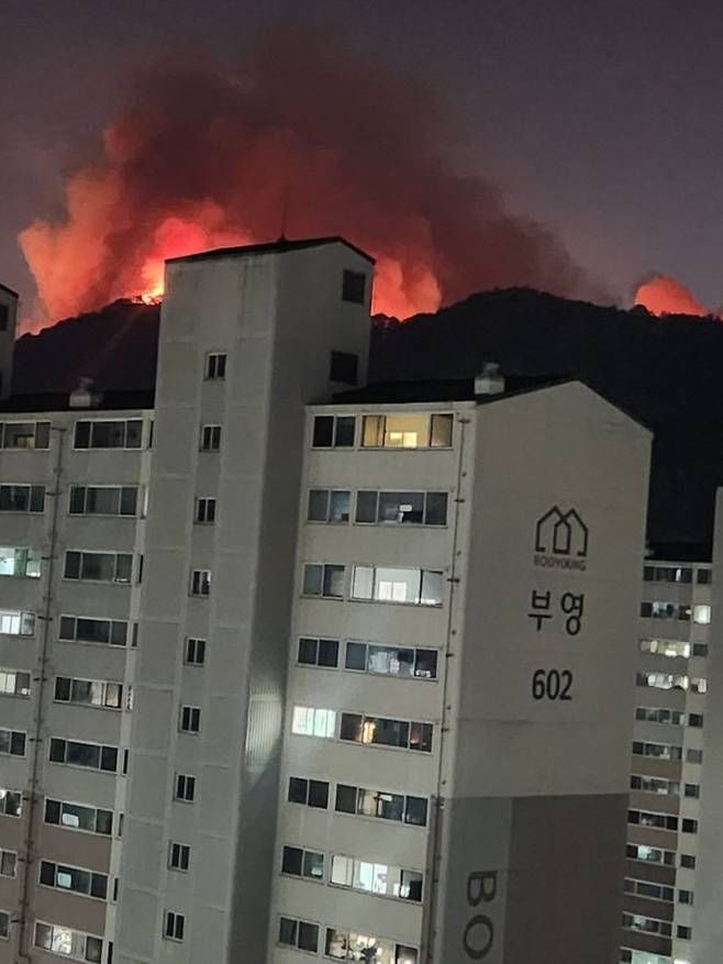 28일 오후 2시 1분께 대구시 북구 노곡동 함지산에서 난 불이 강한 바람을 타고 확산하고 있다. 독자 제공