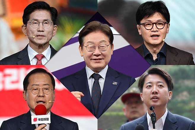 이재명 더불어민주당 대선후보(가운데), 왼쪽 아래부터 시계 방향으로 국민의힘 대선 경선 홍준표 후보, 김문수 후보, 한동훈 후보, 이준석 개혁신당 대선후보. / 사진=뉴스1