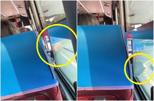 제주도의 한 시내버스에서 흡연하다 창밖으로 담배를 버리는 중국인 추정 여성. SNS 캡처