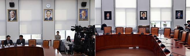지난 24일 서울 여의도 국회 본관 228호 국민의힘 대회의실에 이승만·박정희·김영삼 전 대통령의 초상화가 걸려 있다(왼쪽 사진). 같은날 본관 201호 더불어민주당 원내대표회의실에는 김대중·노무현·문재인 전 대통령의 사진이 자리하고 있다.&nbsp;허정호 선임기자