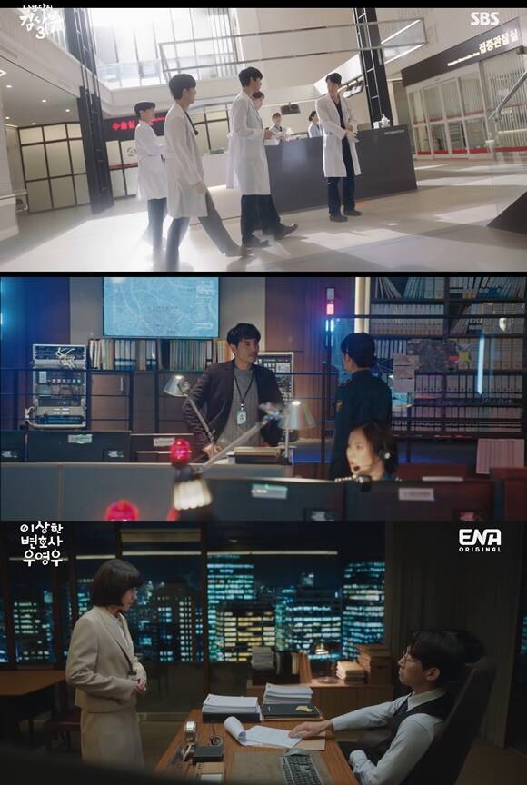 드라마 '낭만닥터 김사부' '보이스' '이상한 변호사 우영우'(위쪽부터)가 이색 직업을 바탕으로 인물들이 성장해 나가는 스토리를 그렸다. /방송 화면 캡처