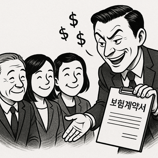 챗GPT로 보험설계사가 고객에게 부정한 목적의 보험 가입을 유도하는 모습을 묘사한 그림. 챗GPT