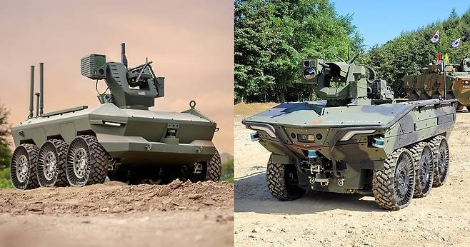 현대로템의 다목적무인차량 HR-셰르파(좌), 한화에어로스페이스의 다목적무인차량 아리온스멧(우)./현대로템, 한화에어로스페이스 제공