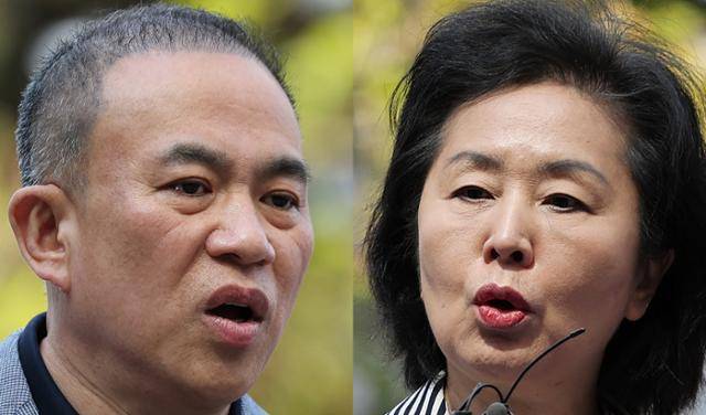 정치 브로커 명태균(왼쪽 사진)씨와 김영선 전 국민의힘 의원이 29일 검찰 조사를 받기 위해 서울 서초구 서울고검으로 출석하며 각자 입장을 밝히고 있다. 뉴스1