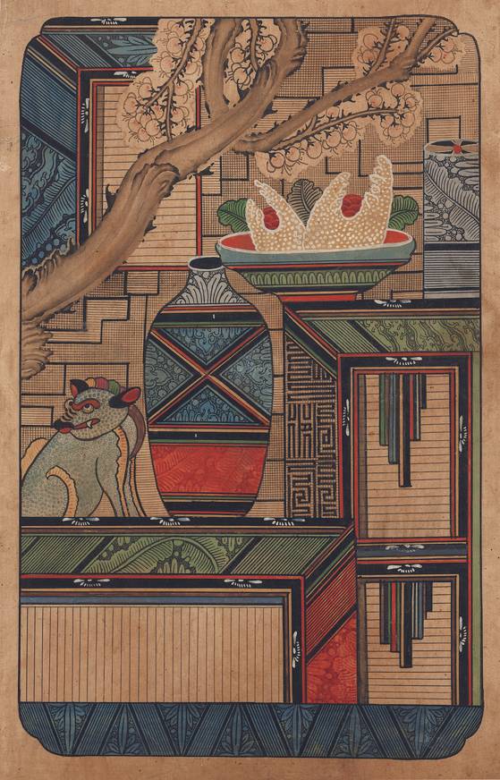 젊었을 적 ‘인사동 신선’이라 불리며 고미술 시장을 섭렵한 김세종 평창아트 대표(아래 사진)는 뒤늦게 민화에 빠져 수집해 왔다. 그는 “민화를 순수 미술로 바라볼 때 훨씬 흥미롭고 환상적인 세계가 보인다”고 말했다. 사진은 책거리의 일부 모습. [사진 평창아트]