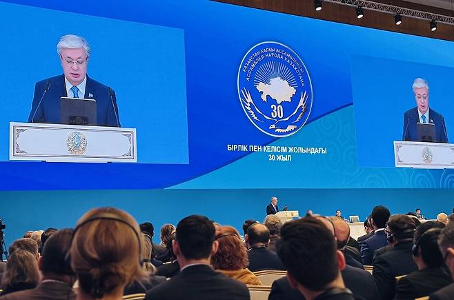 Kazakh President Kassym-Jomart Tokayev speaks at 34th session of the Assembly of the People of Kazakhstan at Palace of Independence in Astana, the capital city of Kazakhstan on Thursday. (Sanjay Kumar/ The Korea Herald)