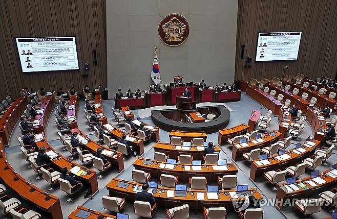 국회 예산결산특별위 전체회의 2일차 (서울=연합뉴스) 류영석 기자 = 29일 국회에서 추가경정예산(추경)안을 심사하는 종합정책질의 등을 위한 예산결산특별위원회 전체회의가 열리고 있다. 2025.4.29 ondol@yna.co.kr