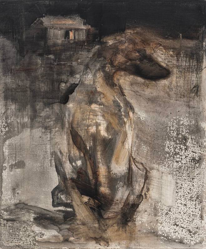 탈북자 출신 작가 이혁씨가 지난 2023년 그린 회화 '자화상'. 어둠 속에 들개 한 마리가 앉아 있는 모습으로, 이 들개가 작가 본인을 형상화한 것이라고 한다./이혁씨 제공