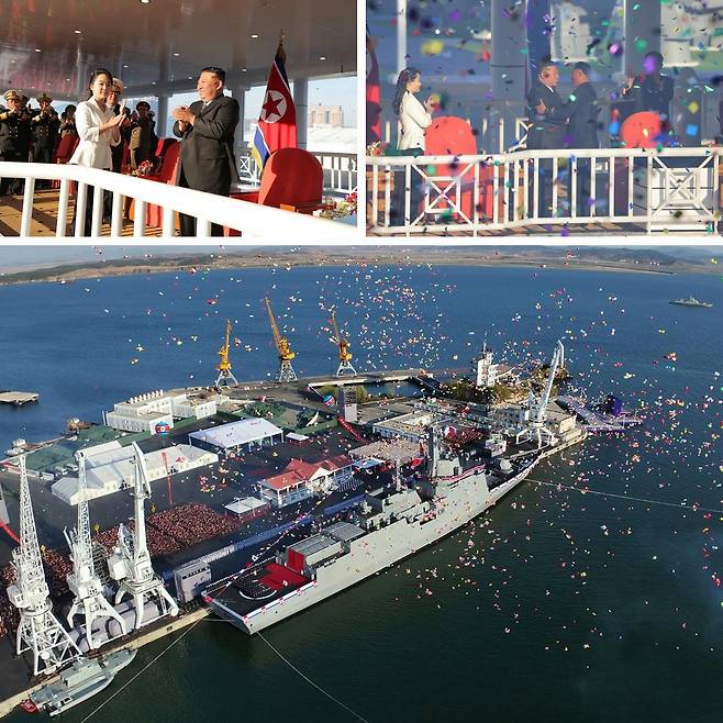 진수식이 진행된 북한의 5000t급 구축함 ‘최현호’. 평양 노동신문=뉴스1. 2025.4.26