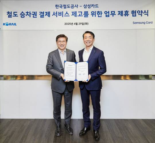 김이태(왼쪽) 삼성카드 대표와 한문희 한국철도공사 사장이 지난 29일 서울 중구 삼성카드 본사에서 열린 업무협약식에서 기념촬영을 하고 있다. [삼성카드 제공]