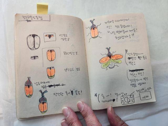 김유대 작가는 2016년 백패킹 도중 숲에서 작은 벌레를 만난 후 딱정벌레목 곤충들을 그리기 시작했다. 당시 휴대한 수첩에 그린 장수하늘소. 권영은기자