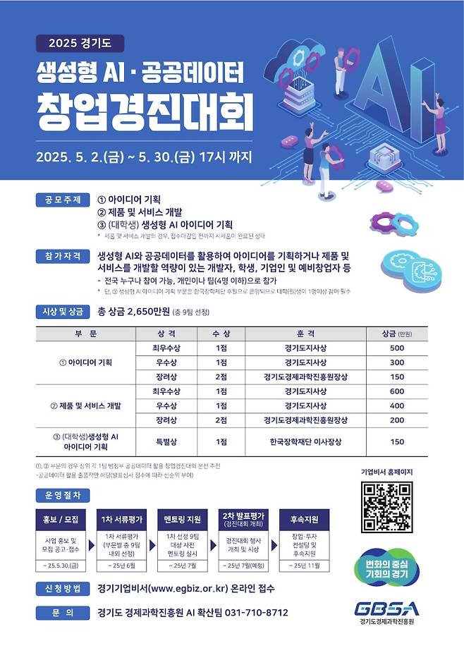 경기도경제과학진흥원 ‘2025년 경기도 생성형 AI·공공데이터 활용 창업경진대회’ 포스터. 경과원 제공