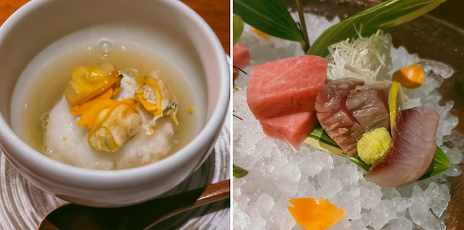 돼지고기 찜과 사시미 모둠 / 사진=권효정 여행+ 기자