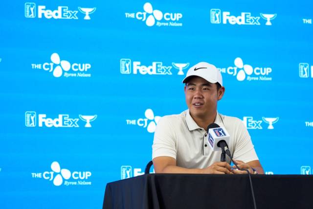 김주형이 29일(현지 시간) 미국 텍사스주 매키니의 TPC 크레이그 랜치(파71)에서 열린 PGA 투어 더 CJ컵 바이런 넬슨 공식 기자회견에 참석해 취재진의 질문에 답하고 있다. 사진 제공=CJ그룹