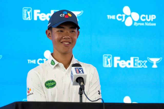 크리스 김이 29일(현지 시간) PGA 투어 더 CJ컵 바이런 넬슨 공식 기자회견에 참석해 취재진의 질문에 답하고 있다. 사진 제공=CJ그룹