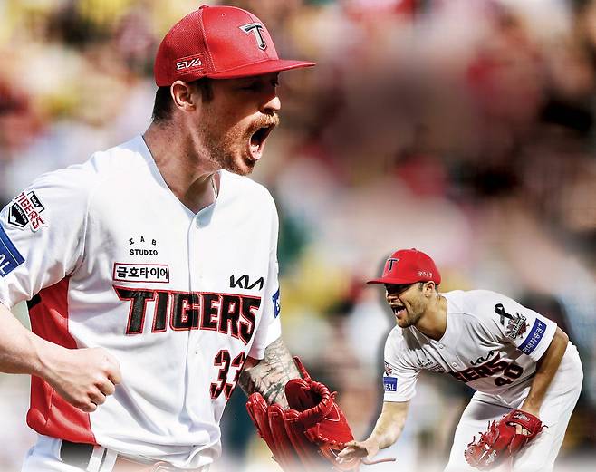 KIA 애덤 올러가 지난 26일 광주 LG전에서 아웃카운트를 잡은 뒤 포효하고 있다. 올러가 활약하면서 KIA는 2년차인 에이스 제임스 네일(작은 사진)과 함께 드디어 외인 원투펀치를 얻었다. KIA 타이거즈 제공