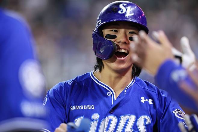 29일 인천SSG랜더스필드에서 열린 SSG전에서 기뻐하는 삼성 김성윤. 삼성 라이온즈 제공