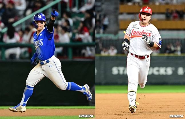 삼성 김성윤(왼쪽)과 SSG 최준우가 30일 연장 10회 나란히 홈런을 날리고 있다.