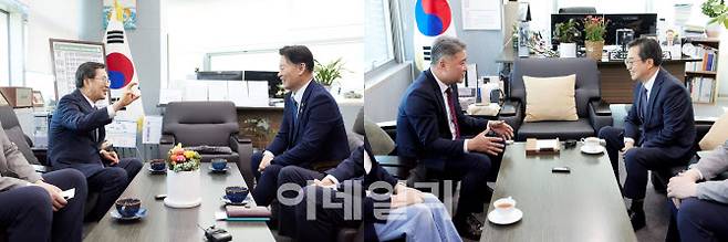 김동연 경기도지사가 지난 30일 경기도의회 최종현 더불어민주당 대표의원(왼쪽), 김정호 국민의힘 대표의원을 잇달아 만나 6월 정례회에서 추경 예산안과 미상정 안건 처리에 대한 협조를 요청하고 있다.(사진=경기도)